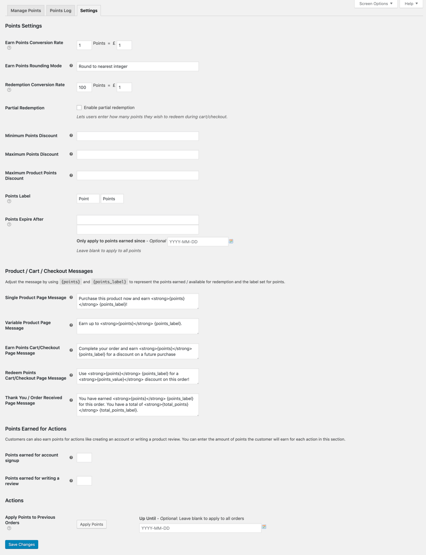 points and rewards admin allsettings