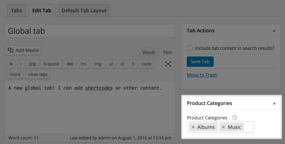 woocommerce tab manager global tab categories
